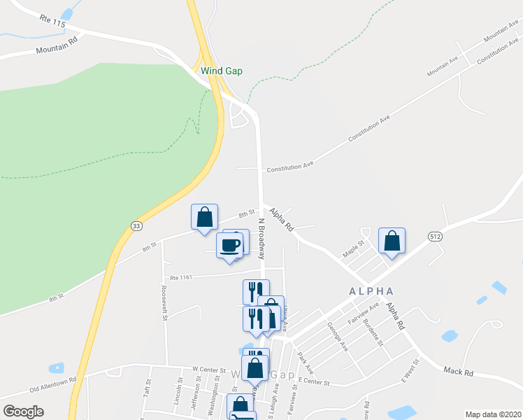map of restaurants, bars, coffee shops, grocery stores, and more near 502 North Broadway in Wind Gap