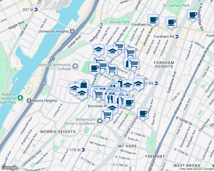 map of restaurants, bars, coffee shops, grocery stores, and more near in The Bronx
