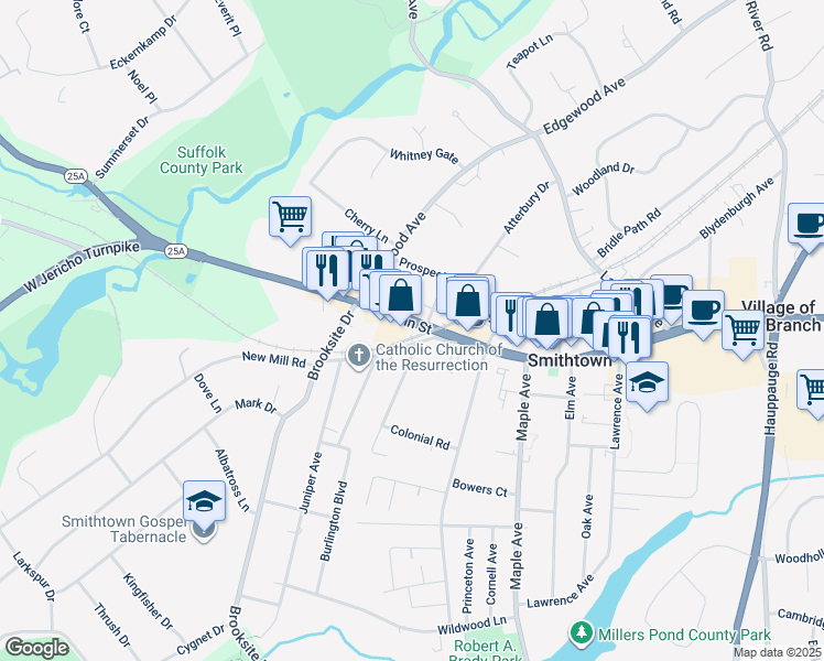 map of restaurants, bars, coffee shops, grocery stores, and more near 186 West Main Street in Smithtown