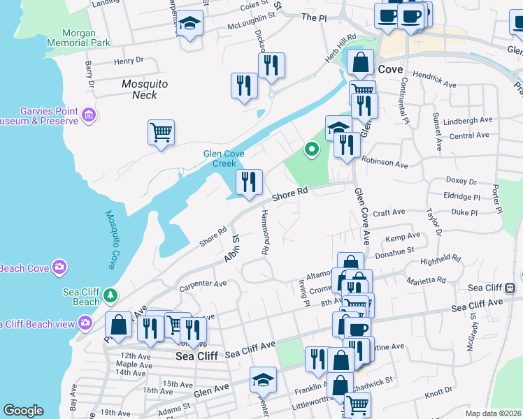 map of restaurants, bars, coffee shops, grocery stores, and more near 18 Hammond Road in Glen Cove