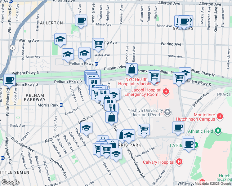 map of restaurants, bars, coffee shops, grocery stores, and more near 1193 Neill Avenue in Bronx