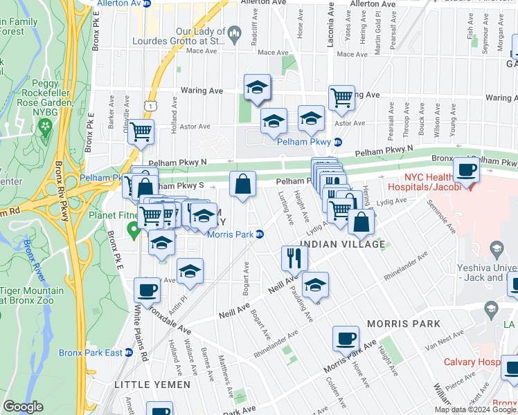 map of restaurants, bars, coffee shops, grocery stores, and more near 2159 Hone Avenue in Bronx