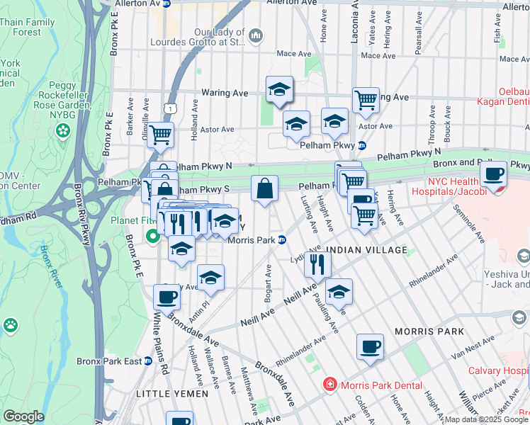 map of restaurants, bars, coffee shops, grocery stores, and more near 2156 Muliner Avenue in The Bronx