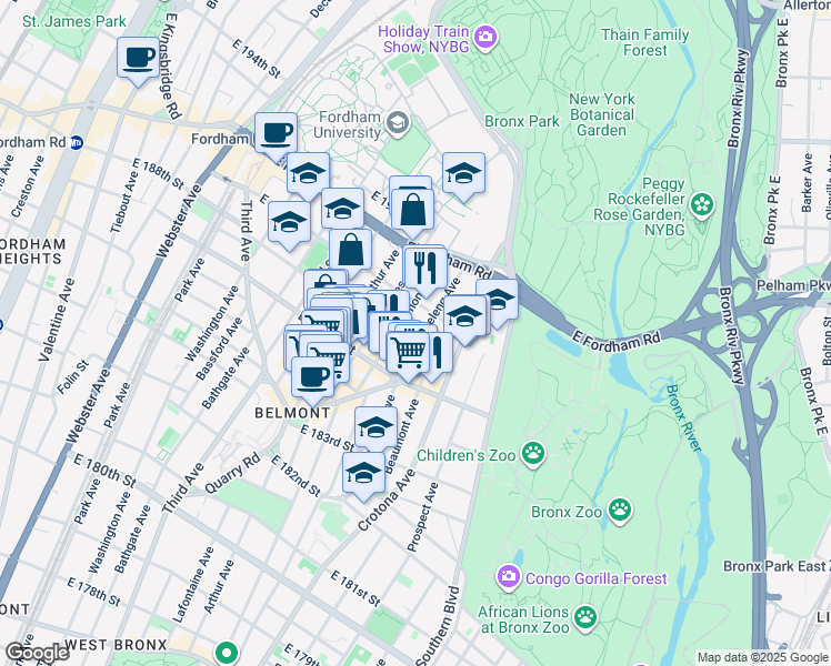 map of restaurants, bars, coffee shops, grocery stores, and more near 2445 Beaumont Avenue in Bronx