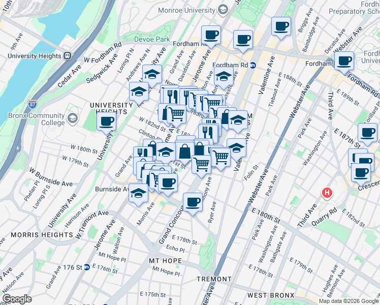 map of restaurants, bars, coffee shops, grocery stores, and more near in The Bronx