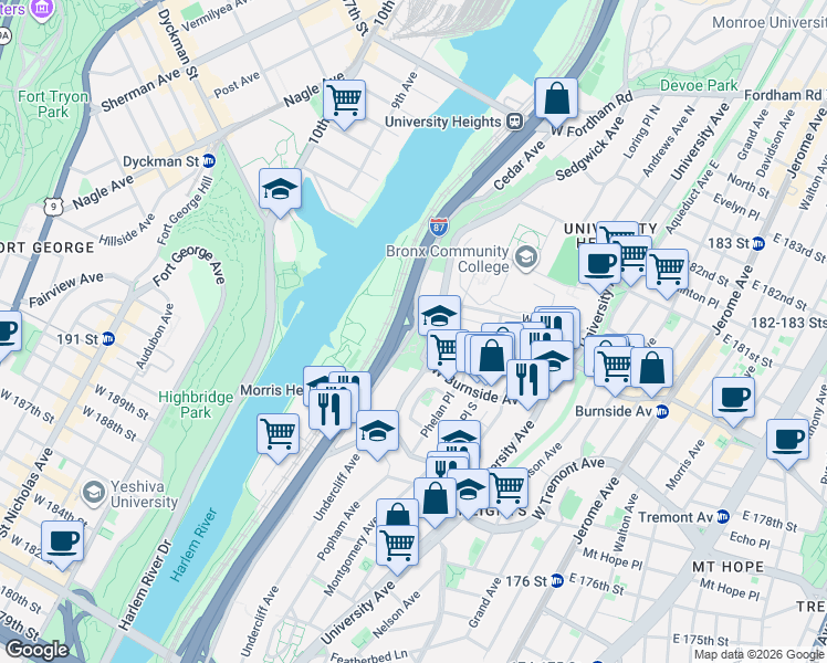 map of restaurants, bars, coffee shops, grocery stores, and more near in The Bronx