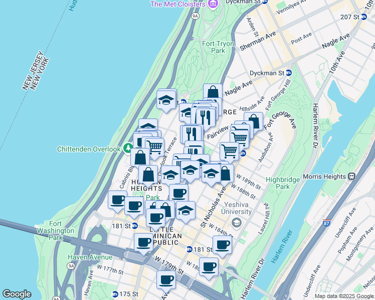 map of restaurants, bars, coffee shops, grocery stores, and more near 4411 Broadway in New York