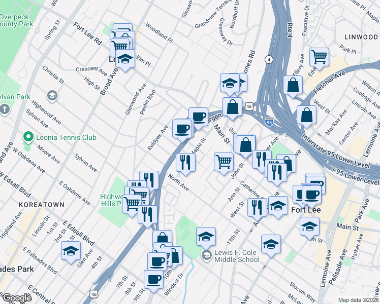 map of restaurants, bars, coffee shops, grocery stores, and more near 7 Hazlitt Avenue in Fort Lee
