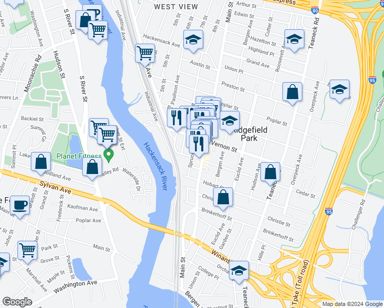 map of restaurants, bars, coffee shops, grocery stores, and more near 21 Cedar Street in Ridgefield Park