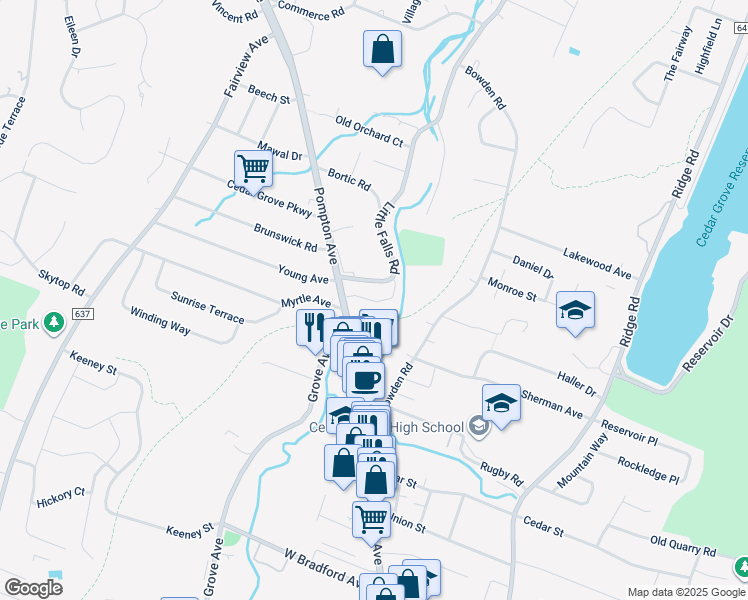 map of restaurants, bars, coffee shops, grocery stores, and more near 655 Pompton Avenue in Cedar Grove