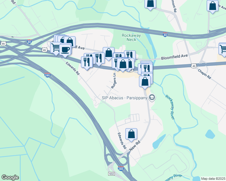 map of restaurants, bars, coffee shops, grocery stores, and more near 175 Rutgers Lane in Parsippany-Troy Hills