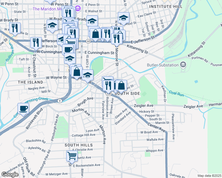 map of restaurants, bars, coffee shops, grocery stores, and more near 315 Center Avenue in Butler