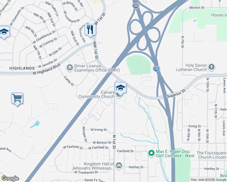 map of restaurants, bars, coffee shops, grocery stores, and more near 4400 North 1st Street in Lincoln