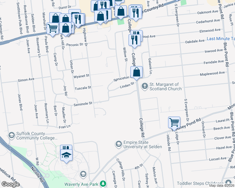 map of restaurants, bars, coffee shops, grocery stores, and more near 16 Palm Street in Selden