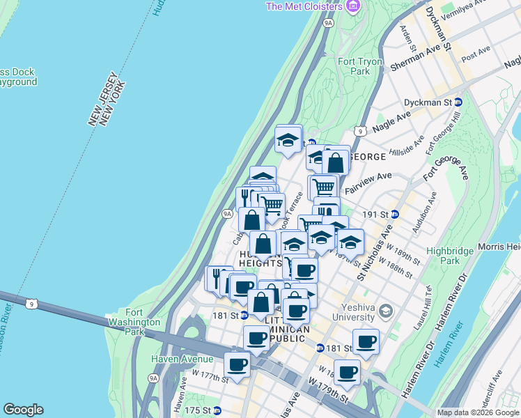 map of restaurants, bars, coffee shops, grocery stores, and more near Cabrini Boulevard in New York