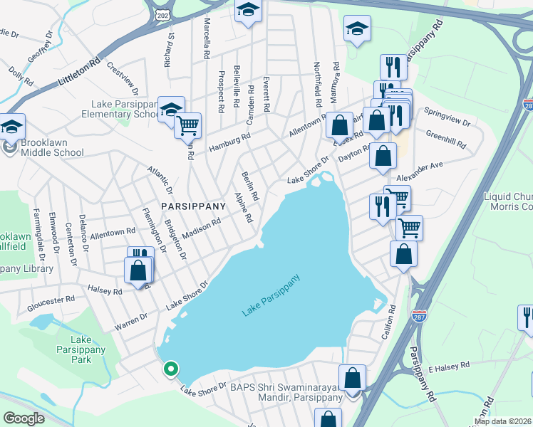 map of restaurants, bars, coffee shops, grocery stores, and more near 402 Lake Shore Drive in Parsippany-Troy Hills