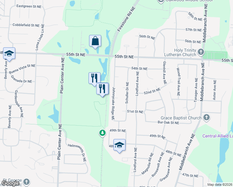 map of restaurants, bars, coffee shops, grocery stores, and more near 5153 Johnnycake Ridge Northeast in Canton