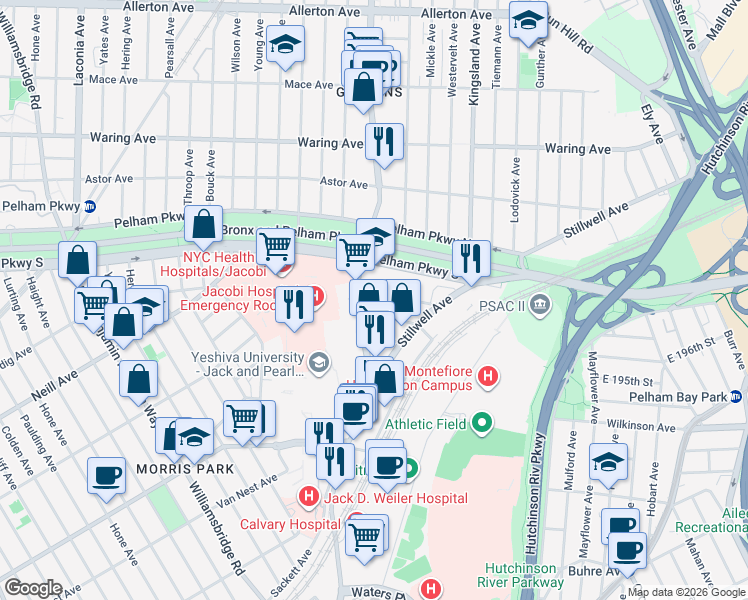 map of restaurants, bars, coffee shops, grocery stores, and more near 1501 McDonald Street in The Bronx