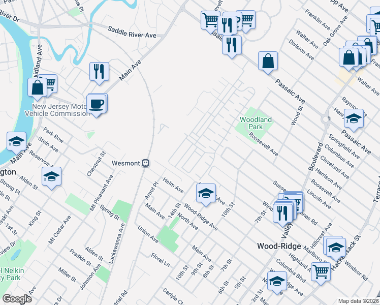 map of restaurants, bars, coffee shops, grocery stores, and more near 100 Marshall Lane in Wood-Ridge