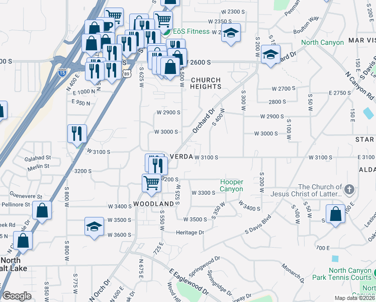 map of restaurants, bars, coffee shops, grocery stores, and more near 3049 South Orchard Drive in Bountiful