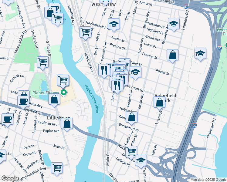 map of restaurants, bars, coffee shops, grocery stores, and more near 21 Cedar Street in Ridgefield Park