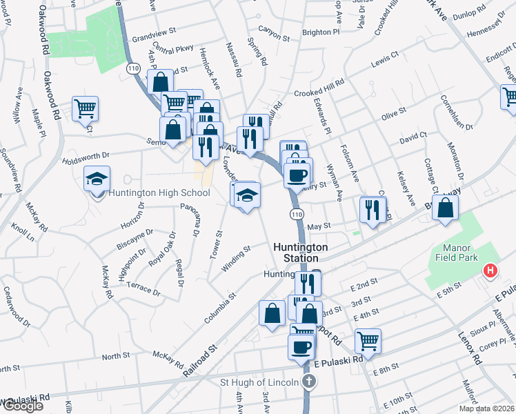 map of restaurants, bars, coffee shops, grocery stores, and more near 155 Lowndes Avenue in Huntington Station