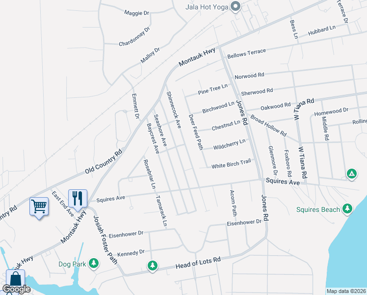 map of restaurants, bars, coffee shops, grocery stores, and more near 36 Shinnecock Avenue in East Quogue