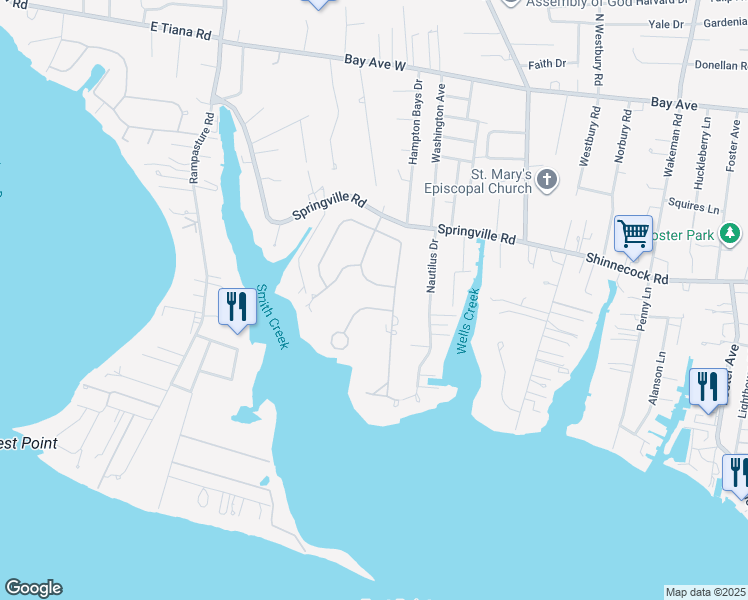 map of restaurants, bars, coffee shops, grocery stores, and more near 3 Canal Way in Hampton Bays