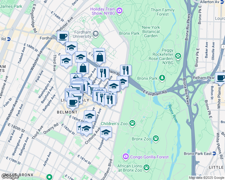 map of restaurants, bars, coffee shops, grocery stores, and more near 2471 Crotona Avenue in The Bronx