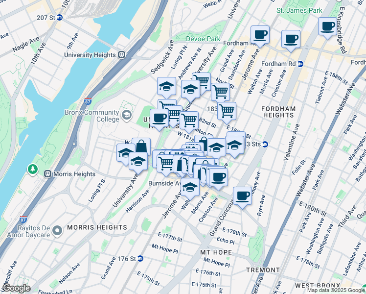 map of restaurants, bars, coffee shops, grocery stores, and more near in The Bronx