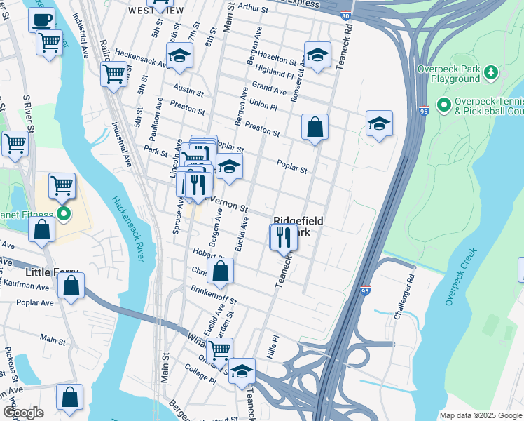 map of restaurants, bars, coffee shops, grocery stores, and more near 136 Mount Vernon Street in Ridgefield Park