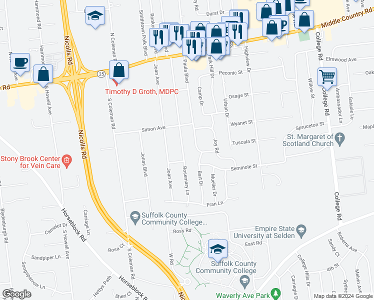 map of restaurants, bars, coffee shops, grocery stores, and more near 77 Rosemary Lane in Centereach