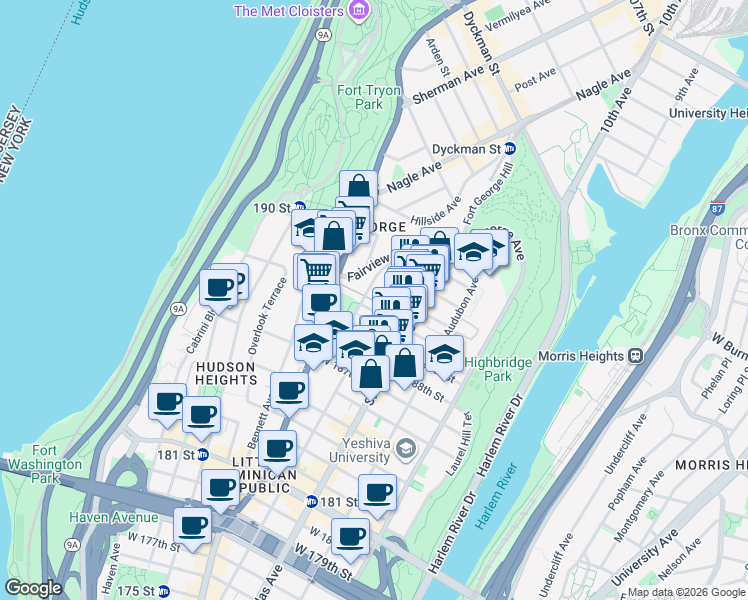 map of restaurants, bars, coffee shops, grocery stores, and more near 341 Wadsworth Avenue in New York