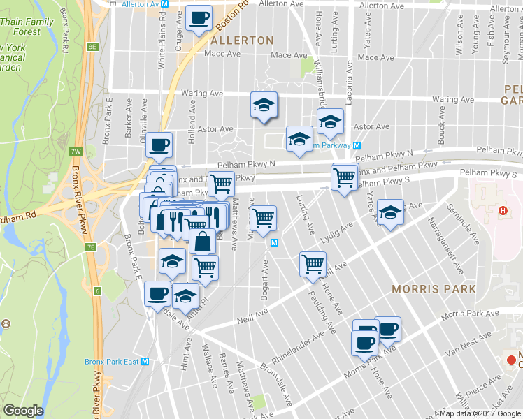 map of restaurants, bars, coffee shops, grocery stores, and more near 2171 Bogart Avenue in Bronx