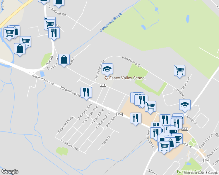 map of restaurants, bars, coffee shops, grocery stores, and more near Clinton Road & Roosevelt Avenue in Caldwell