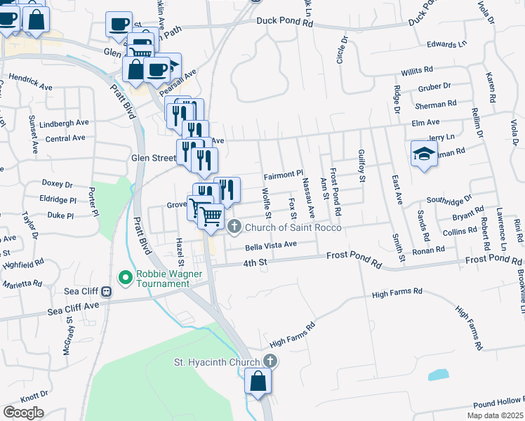 map of restaurants, bars, coffee shops, grocery stores, and more near 47 Wolfle Street in Glen Cove