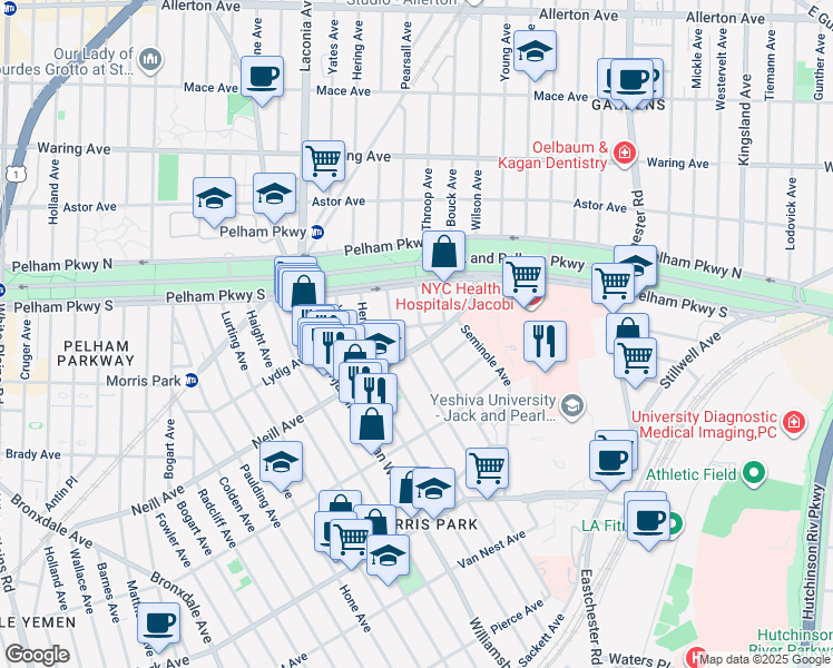 map of restaurants, bars, coffee shops, grocery stores, and more near 1220 Neill Avenue in Bronx
