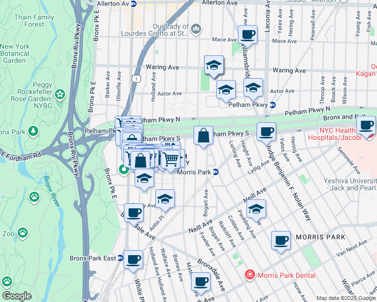 map of restaurants, bars, coffee shops, grocery stores, and more near 2165 Matthews Avenue in Bronx