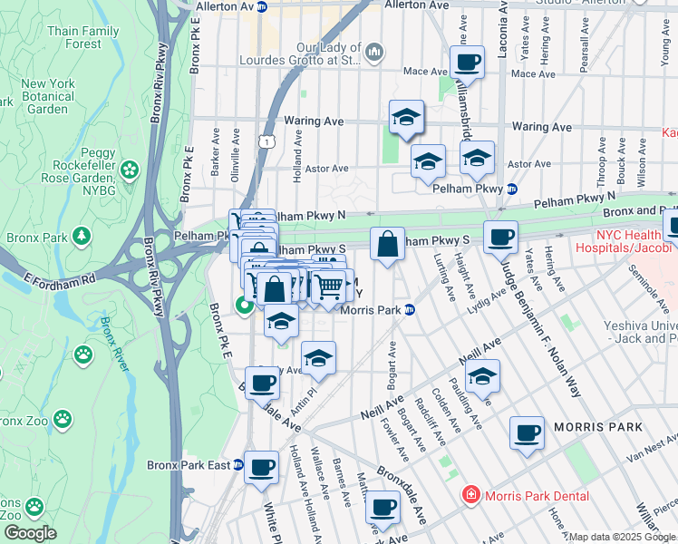 map of restaurants, bars, coffee shops, grocery stores, and more near 2165 Matthews Avenue in Bronx