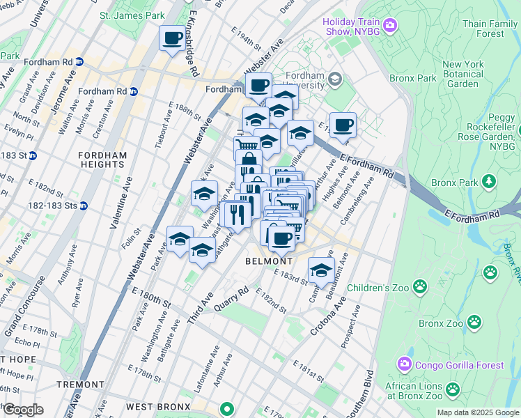 map of restaurants, bars, coffee shops, grocery stores, and more near 2360 Lorillard Place in The Bronx