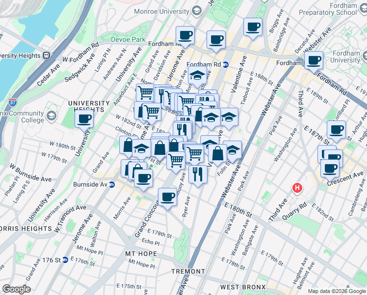 map of restaurants, bars, coffee shops, grocery stores, and more near 2188 Creston Avenue in The Bronx