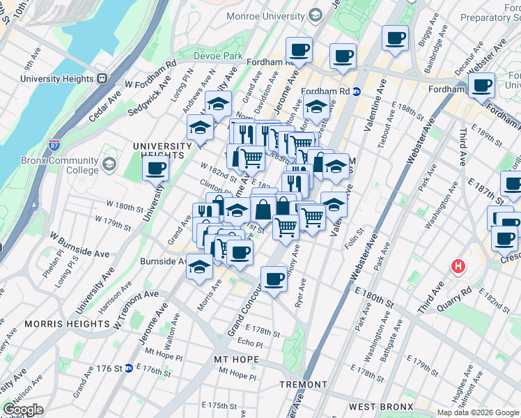 map of restaurants, bars, coffee shops, grocery stores, and more near in The Bronx