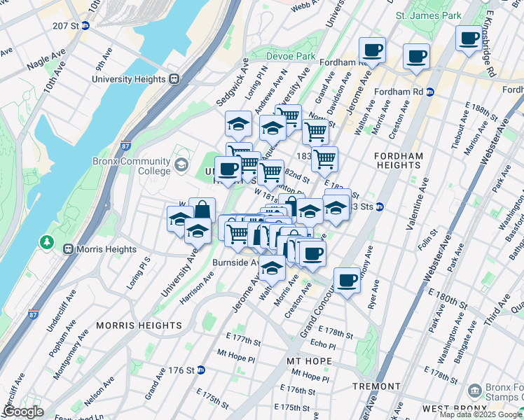 map of restaurants, bars, coffee shops, grocery stores, and more near in The Bronx
