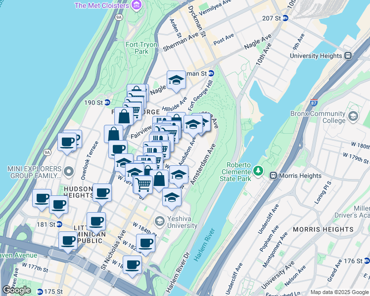 map of restaurants, bars, coffee shops, grocery stores, and more near 530 Audubon Avenue in New York