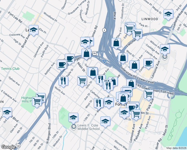 map of restaurants, bars, coffee shops, grocery stores, and more near in Fort Lee