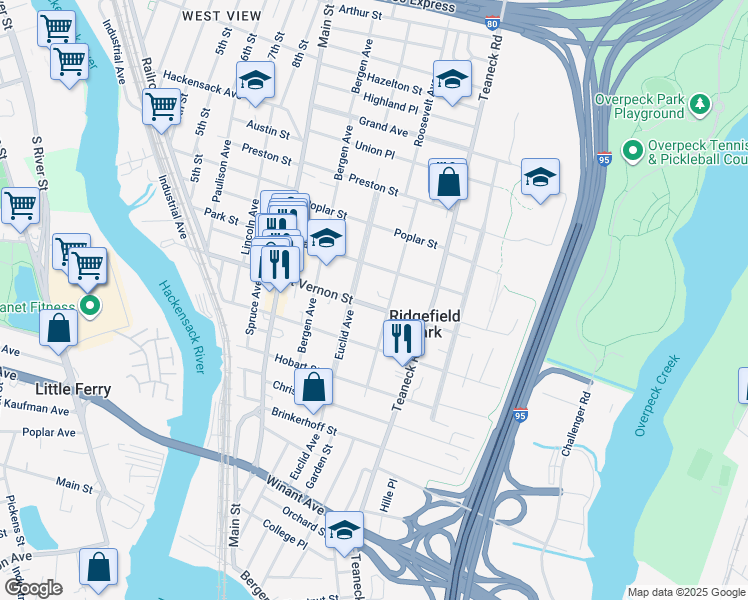 map of restaurants, bars, coffee shops, grocery stores, and more near 136 Mount Vernon Street in Ridgefield Park