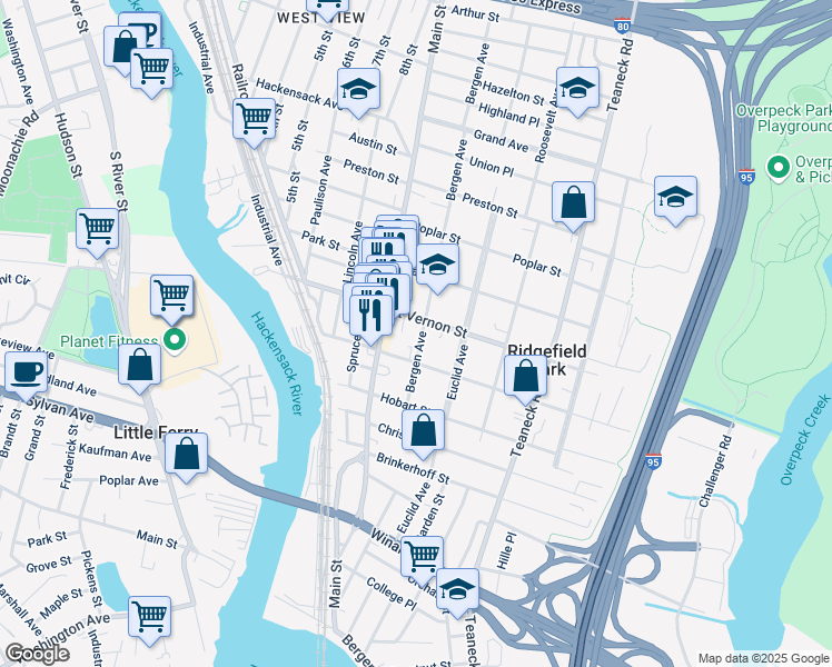 map of restaurants, bars, coffee shops, grocery stores, and more near 51 Bergen Avenue in Ridgefield Park