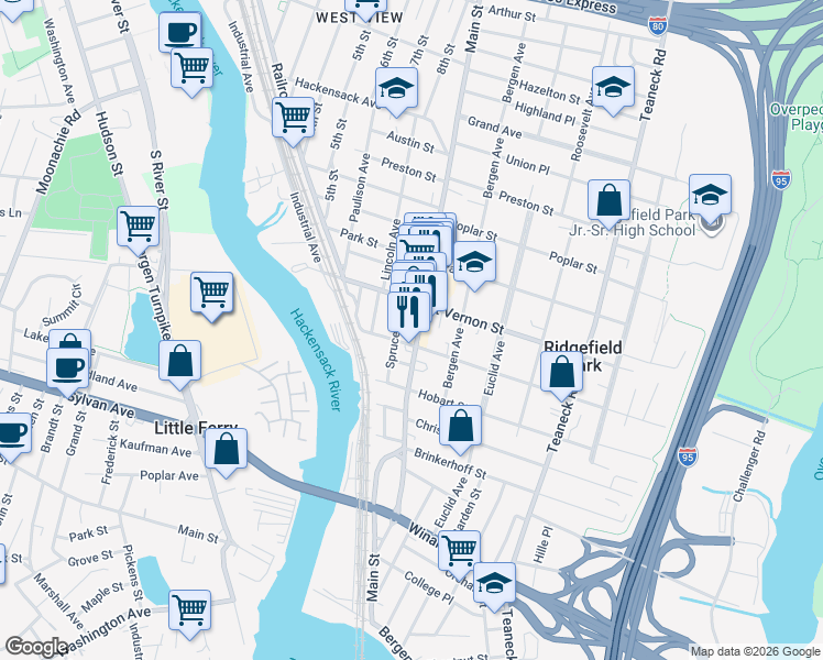 map of restaurants, bars, coffee shops, grocery stores, and more near 167 Main Street in Ridgefield Park