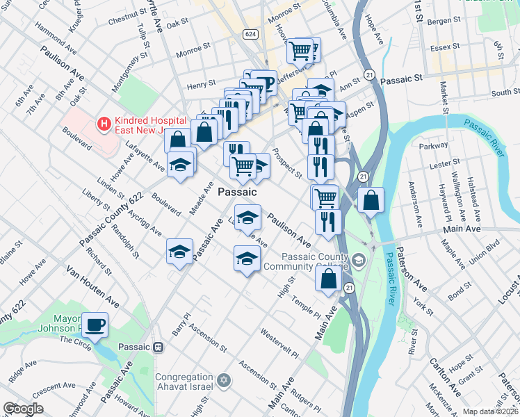 map of restaurants, bars, coffee shops, grocery stores, and more near 145 Paulison Avenue in Passaic
