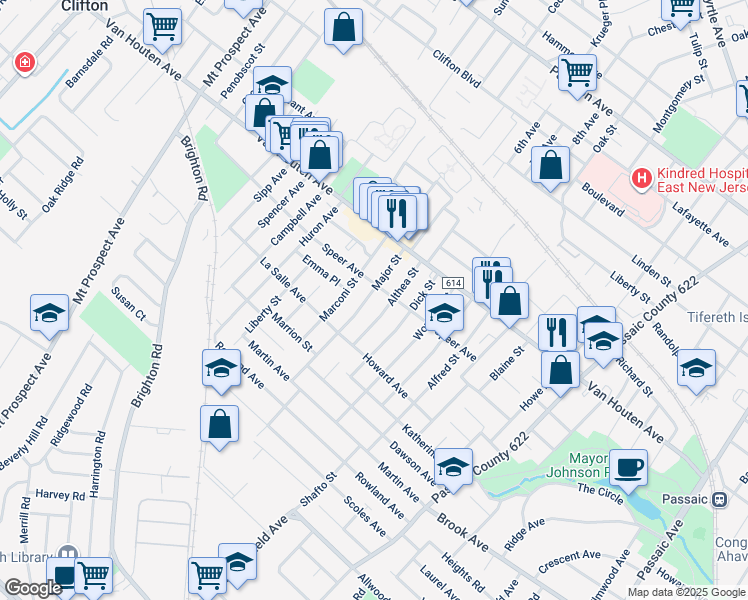 map of restaurants, bars, coffee shops, grocery stores, and more near 57 Althea Street in Clifton